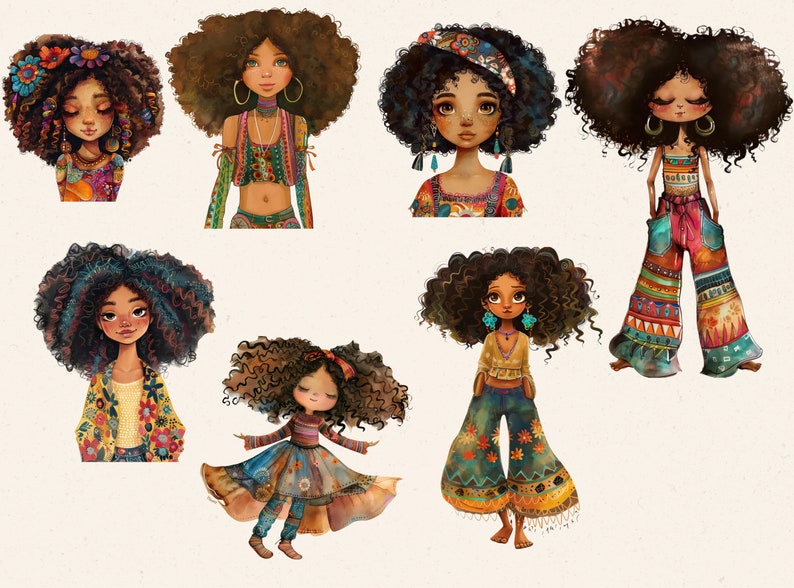 May include: Watercolor illustrations of seven girls with curly brown hair, each adorned in bohemian-style clothing. The girls wear colorful tops, flared pants, and floral headbands. The artwork has a whimsical, artistic style with soft colors and detailed patterns.