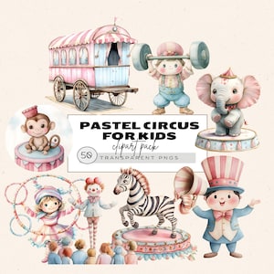 Clipart de circo pastel, circo rosa, equipo de circo (PPT), carpa de circo (PPT), circo pastel (PPT), clipart de animal lindo, mono divertido (PPT), regalo