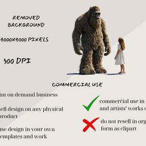 May include: A digital illustration of a furry, brown creature standing next to a young girl. The image has a white background and includes text about commercial use and image specifications. The text reads: "Removed Background", "4000x4000 Pixels", "300 DPI", "Commercial Use", "Print on demand business", "Sell design on any physical product", "Use design in your own templates and work", "Commercial use in designs and artists' works of art", "Do not resell in original form as clipart".