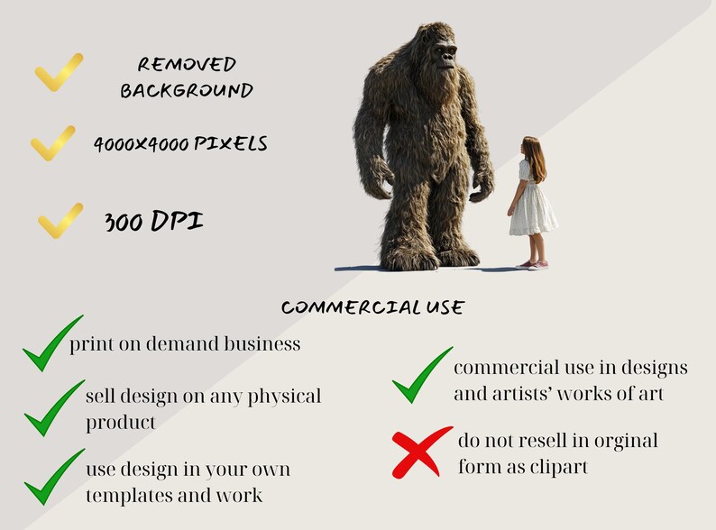 May include: A digital illustration of a furry, brown creature standing next to a young girl. The image has a white background and includes text about commercial use and image specifications. The text reads: "Removed Background", "4000x4000 Pixels", "300 DPI", "Commercial Use", "Print on demand business", "Sell design on any physical product", "Use design in your own templates and work", "Commercial use in designs and artists' works of art", "Do not resell in original form as clipart".