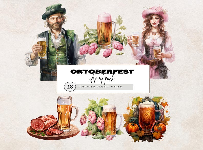 May include: A digital illustration set of 10 Oktoberfest themed images. The set includes images of beer steins, pretzels, and other Oktoberfest decorations. The images are in a watercolor style and have a vintage feel.
