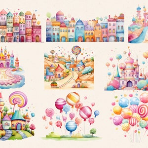 May include: Watercolor illustrations of whimsical towns and castles in pastel colors. The images feature colorful buildings, lollipops, and balloons, creating a playful and imaginative theme. The artwork evokes a sense of fantasy and childhood wonder.
