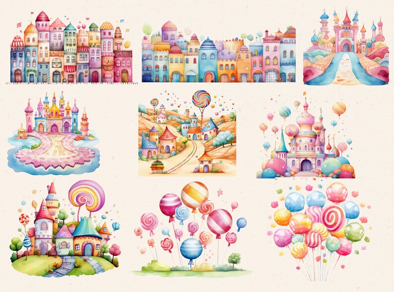 May include: Watercolor illustrations of whimsical towns and castles in pastel colors. The images feature colorful buildings, lollipops, and balloons, creating a playful and imaginative theme. The artwork evokes a sense of fantasy and childhood wonder.