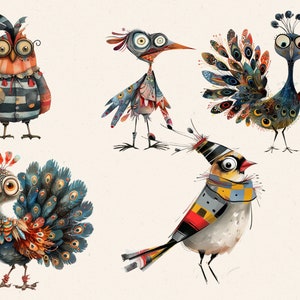 May include: Five whimsical bird illustrations with colorful feathers, patterns, and large eyes. The birds are drawn in a cartoon style with exaggerated features.