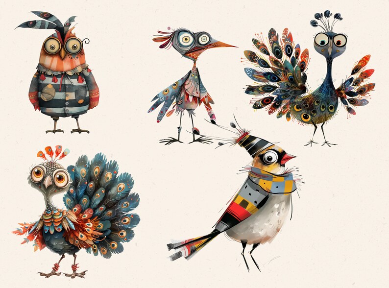 May include: Five whimsical bird illustrations with colorful feathers, patterns, and large eyes. The birds are drawn in a cartoon style with exaggerated features.