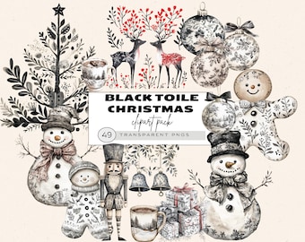 Christmas Toile Clipart, Black Toile Christmas Clipart, Toile De Jouy Clipart, Holiday Clipart, Chinoiserie Christmas, Christmas Card Png