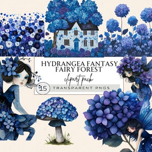 Clipart ortensie blu viola, ortensia stampabile, ortensia casa Png, capricciosa fata blu clipart, capricciosa ragazza clipart, foresta blu