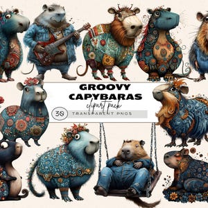 Cute Capybara Clipart Bundle, Capybara Birthday Png, Groovy Capybara Clipart, Hippie Floral Capybara, Baby Shower Capybara Clipart, Ephemera