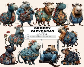 Cute Capybara Clipart Bundle, Capybara Birthday Png, Groovy Capybara Clipart, Hippie Floral Capybara, Baby Shower Capybara Clipart, Ephemera