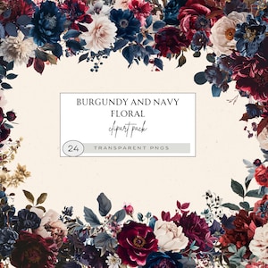 Marineblauwe bloemen clipart, marineblauwe bloemen clipart, bordeaux bloem aquarel clipart, bordeaux en marine bloemen rand, bloemen boeket clipart