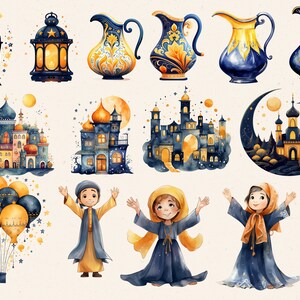 May include: A set of watercolor illustrations featuring a variety of elements related to the Islamic holiday of Ramadan. The illustrations include lanterns, jugs, mosques, and children in traditional clothing. The illustrations are painted in a whimsical style with a blue and gold color scheme.
