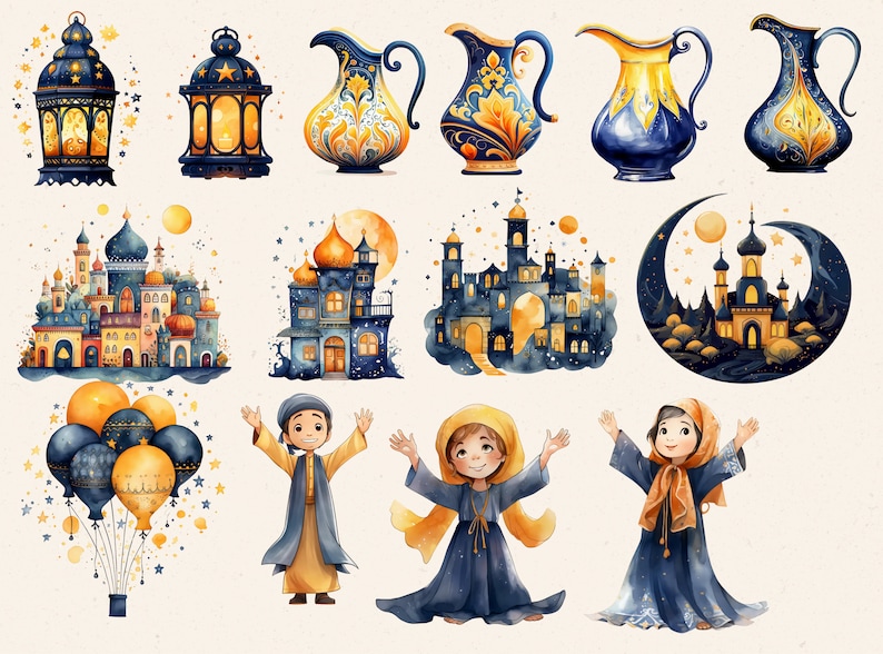May include: A set of watercolor illustrations featuring a variety of elements related to the Islamic holiday of Ramadan. The illustrations include lanterns, jugs, mosques, and children in traditional clothing. The illustrations are painted in a whimsical style with a blue and gold color scheme.