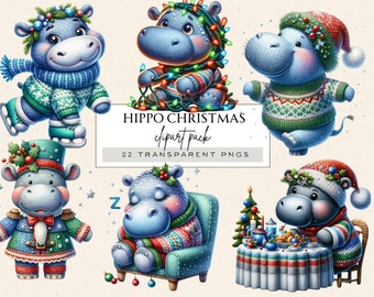 Christmas Hippo Clipart, Light Blue Christmas Clipart, Hippo Christmas Png, Baby Hippo Png, Baby Hippo Clipart, Watercolor Clipart