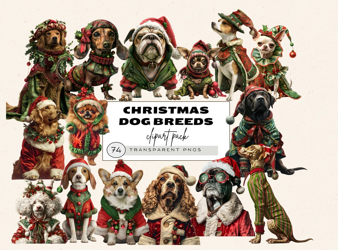 Christmas Dogs Watercolor Clipart, Cute and Funny Dog Breeds Clipart ...