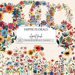 Watercolor Floral Border Clipart Bundle, Wild Flowers Border Clipart, Wild Floral Border Clipart, Hippie Floral Border Clipart, Colorful Png