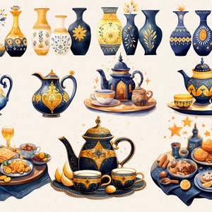 May include: A set of blue and gold ceramic teapots, vases, and cups with intricate designs. The set includes a tray with a teapot, cups, and a sugar bowl. The tray is decorated with gold stars.