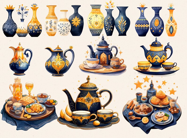 May include: A set of blue and gold ceramic teapots, vases, and cups with intricate designs. The set includes a tray with a teapot, cups, and a sugar bowl. The tray is decorated with gold stars.