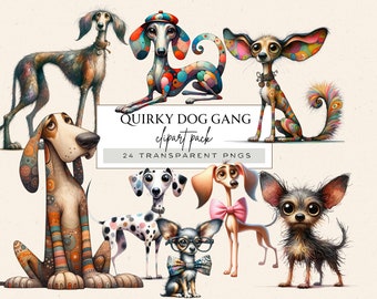 Quirky Dog Clipart, Quirky Animals Clipart, Whimsical Clipart Printable, Funny Dog Png, Quirky Friends, Watercolor Dog Clipart, Qirky Dogs