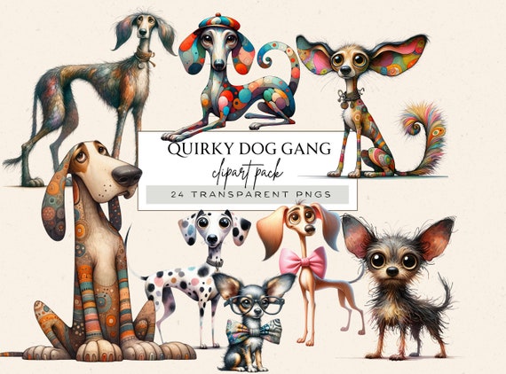 Quirky Dog Clipart, Quirky Animals Clipart, Whimsical Clipart Printable, Funny Dog Png, Quirky Friends, Watercolor Dog Clipart, Qirky Dogs