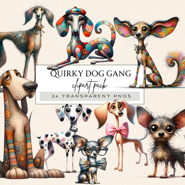 Quirky Dog Clipart, Quirky Animals Clipart, Whimsical Clipart Printable, Funny Dog Png, Quirky Friends, Watercolor Dog Clipart, Qirky Dogs