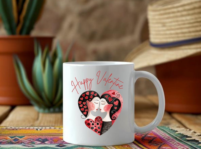 May include: White ceramic mug with a Valentine's Day theme. The mug features a heart-shaped design with two figures kissing, surrounded by red hearts. The words "Happy Valentine" are written in red script.