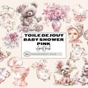 May include: A set of 34 pink and white baby shower clipart images. The images include a teddy bear, a baby, a pacifier, a butterfly, a toilet, a flower arrangement, a teacup, a baby outfit, a puppy, and a bunny. The images are all in a watercolor style and have a delicate, feminine feel.