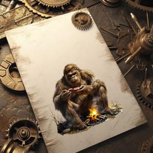May include: A brown and white Bigfoot creature sits by a campfire, holding a piece of meat in its hand. The creature is sitting on a bed of leaves and branches, with a small fire burning in front of it.