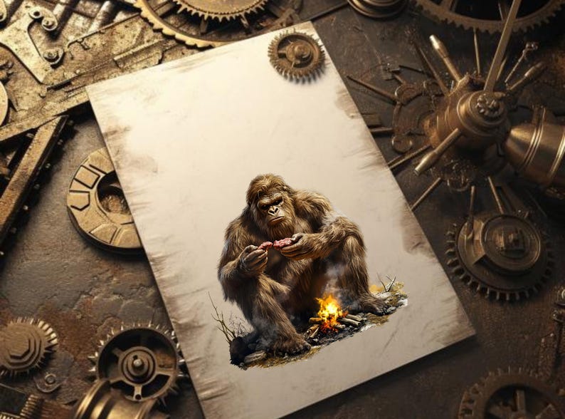 May include: A brown and white Bigfoot creature sits by a campfire, holding a piece of meat in its hand. The creature is sitting on a bed of leaves and branches, with a small fire burning in front of it.