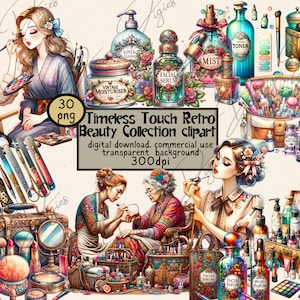 Clipart de cosmétiques de beauté, clipart d'esthéticienne. Cosmétiques vintage png, clipart soins personnels, spa et beauté png, esthéticienne de l'époque victorienne