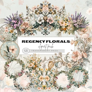 Peut inclure: Un pack de cliparts numériques intitulé "Regency Florals" présentant divers arrangements floraux, couronnes et éléments floraux individuels. L'image présente des bouquets de lavande, de roses et d'autres fleurs aux couleurs pastel douces, avec le texte "53 Transparent PNGs".
