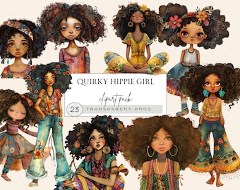 Skurrile Mädchen Clipart, Retro schwarze Frau Clipart, Hippie Mädchen Clipart, wunderliche schrullige Mädchen Clipart, Clipart Wunderliche Mädchen, Vintage Mädchen