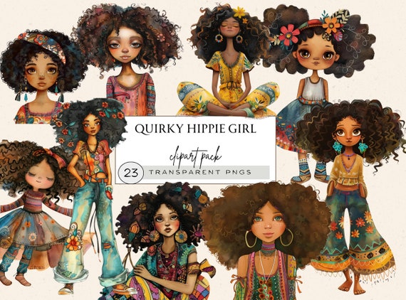 Quirky Girls Clipart, Retro Black Woman Clipart, Hippie Girl Clipart, Whimsical Quirky Girl Clipart, Clipart Whimsical Girl, Vintage Girl