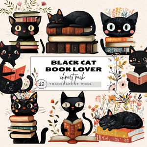 Clipart livres et chat noir, chat lisant des cliparts livres, chat noir amateur de livres, rat de bibliothèque chaton noir, lot livresques floral, bibliothécaire