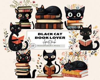 Black Cat And Books Clipart, Cat Reading Books Clipart, Black Cat Book Lover, Black Kitten Bookworm, Floral Bookish Bundle, Librarian