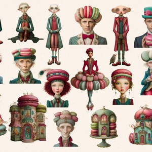 Może przedstawiać: Kolekcja fantazyjnych ilustracji przedstawiających postacie ozdobione kapeluszami i ubraniami w stylu makaronik&oacute;w. Grafika prezentuje r&oacute;żnorodne postacie w kolorowych strojach, niekt&oacute;re trzymające makaroniki lub stojące w pobliżu struktur w kształcie makaronik&oacute;w. Paleta kolor&oacute;w obejmuje r&oacute;że, zielenie i błękity.