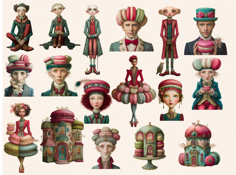 Może przedstawiać: Kolekcja fantazyjnych ilustracji przedstawiających postacie ozdobione kapeluszami i ubraniami w stylu makaronik&oacute;w. Grafika prezentuje r&oacute;żnorodne postacie w kolorowych strojach, niekt&oacute;re trzymające makaroniki lub stojące w pobliżu struktur w kształcie makaronik&oacute;w. Paleta kolor&oacute;w obejmuje r&oacute;że, zielenie i błękity.