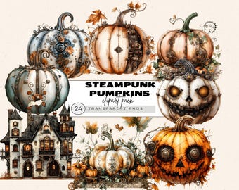 Steampunk Pumpkin Clipart, Steampunk Halloween Clipart, Ivory Pumpkin Patch Clipart, Steampunk Pumpkin Png, Machine Pumpkin, Houses Png