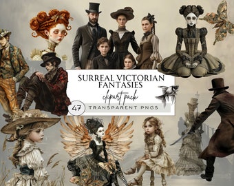 May include: A digital clipart pack featuring 47 Victorian-themed illustrations. The illustrations include people, animals, and objects in a surreal style. The text "SURREAL VICTORIAN FANTASIES clipart pack 47 TRANSPARENT PNGS" is included in the image.