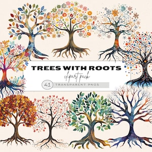 Watercolor Tree With Roots Clipart, Trees With Roots Clipart, Tree And Roots Png, Spring Blossom Tree, Winter Tree Png, Halloween Tree, Root