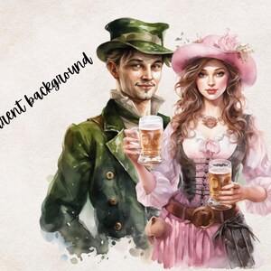 May include: A watercolor painting of a couple in traditional attire. The man is wearing a green jacket and a hat, while the woman is wearing a pink dress and a hat. They are both holding a glass of beer.