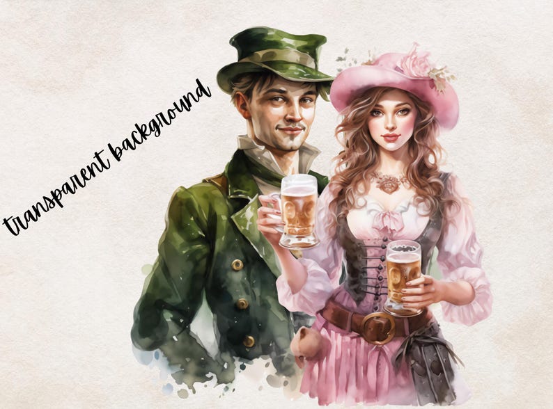 May include: A watercolor painting of a couple in traditional attire. The man is wearing a green jacket and a hat, while the woman is wearing a pink dress and a hat. They are both holding a glass of beer.