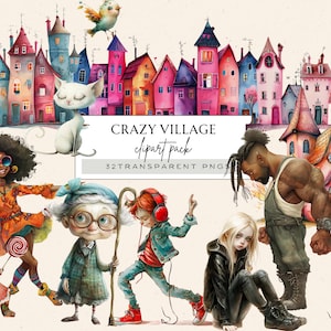 Clipart di animali eccentrici, clipart di casa stravagante, nonna pazza Png, villaggio stravagante Png, clipart di uccelli divertenti, contorno della casa Png, cane pazzo