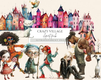 Quirky Animals Clipart, Whimsical House Clipart, Crazy Grandma Png, Whimsical Village Png, Funny Bird Clipart, House Outline Png, Crazy Dog