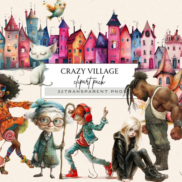 Quirky Animals Clipart, Whimsical House Clipart, Crazy Grandma Png, Whimsical Village Png, Funny Bird Clipart, House Outline Png, Crazy Dog