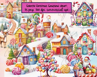 May include: A colorful Christmas Candyland clipart set with 35 PNG images. The set features a snowy village with candy cane houses, a candy cane tree, a reindeer, and Santa Claus in a sleigh full of candy.