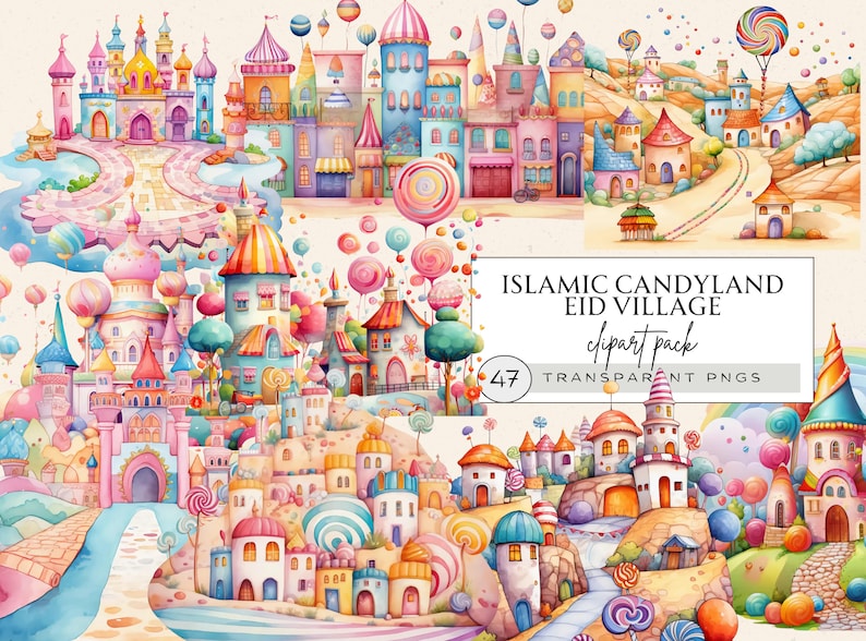 May include: Watercolor illustration of a whimsical candy village with colorful buildings, lollipops, and winding roads. The image includes text that reads "ISLAMIC CANDYLAND EID VILLAGE clipart pack" and "47 TRANSPARENT PNGs".