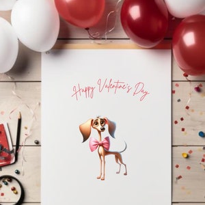 K&ouml;nnte beinhalten: Eine wei&szlig;e Karte mit dem Text "Happy Valentine's Day" in roter Kursivschrift. Ein Cartoon-Hund mit einer rosa Schleife ist auf der Karte. Die Karte ist von roten und wei&szlig;en Luftballons und Konfetti auf einer Holzoberfl&auml;che umgeben.