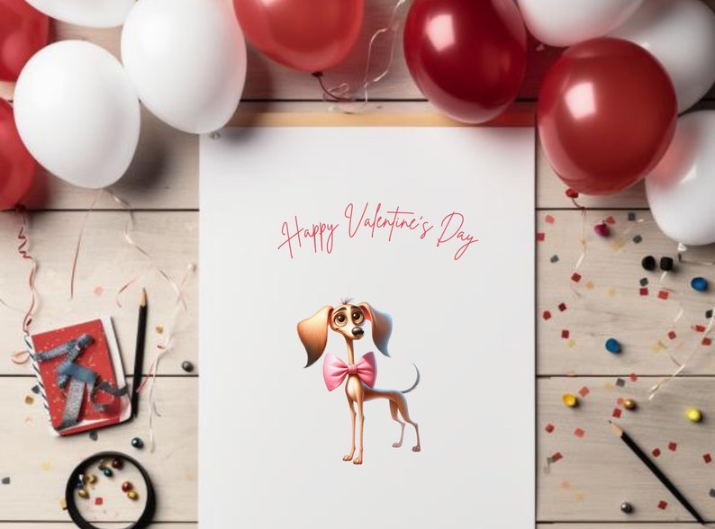 K&ouml;nnte beinhalten: Eine wei&szlig;e Karte mit dem Text "Happy Valentine's Day" in roter Kursivschrift. Ein Cartoon-Hund mit einer rosa Schleife ist auf der Karte. Die Karte ist von roten und wei&szlig;en Luftballons und Konfetti auf einer Holzoberfl&auml;che umgeben.