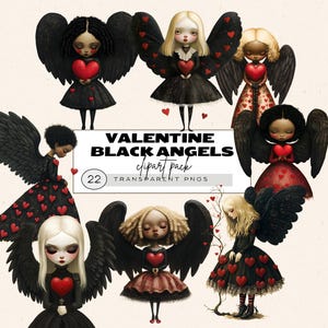 May include: A set of 22 digital clipart images of black-winged angels with red hearts. The angels are dressed in black and red dresses with red hearts. The text "VALENTINE BLACK ANGELS clipart pack 22 TRANSPARENT PNGS" is displayed on a white background.