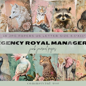 Pagine del diario spazzatura dell'era Regency, kit di diario spazzatura Regency, animali manageriali dell'era Regency, effimeri vintage, carta digitale dell'era Regency, stampa